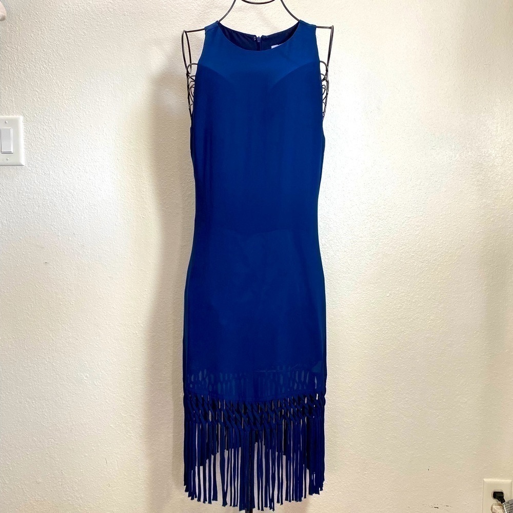Naked Zebra blue shift dress with fringe hem size S